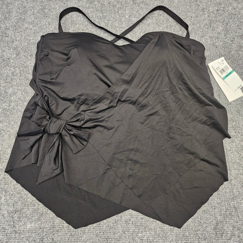 Becca ETC Women Tankini Swim Top Faux Wrap Bow Handkerchief Hem Black 0X 14-16
